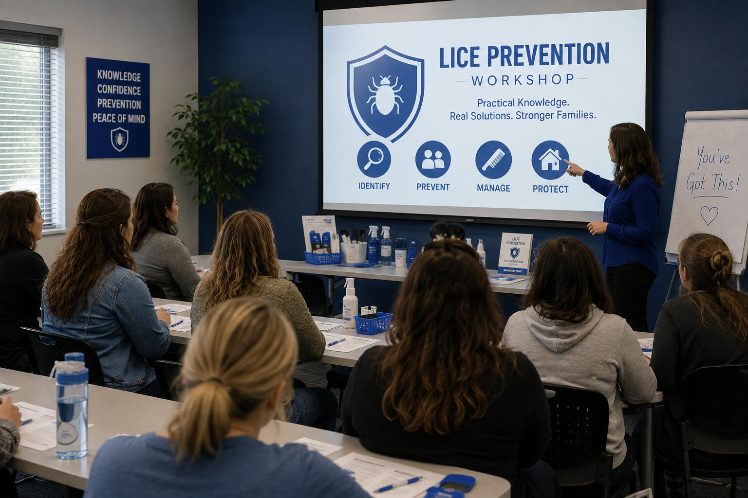 A realistic classroom workshop where parents and caregivers listen to an instructor presenting a lice prevention lesson on a projector. The blue-and-white setting, educational materials, and engaged attendees convey a practical, supportive learning environ