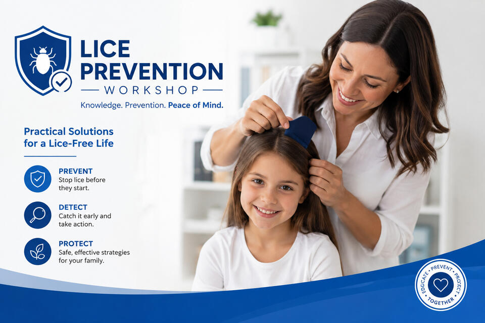 A mother gently checks a young girl’s hair with a blue comb in a bright home, alongside a blue-and-white Lice Prevention Workshop graphic highlighting prevention, early detection, and family protection.